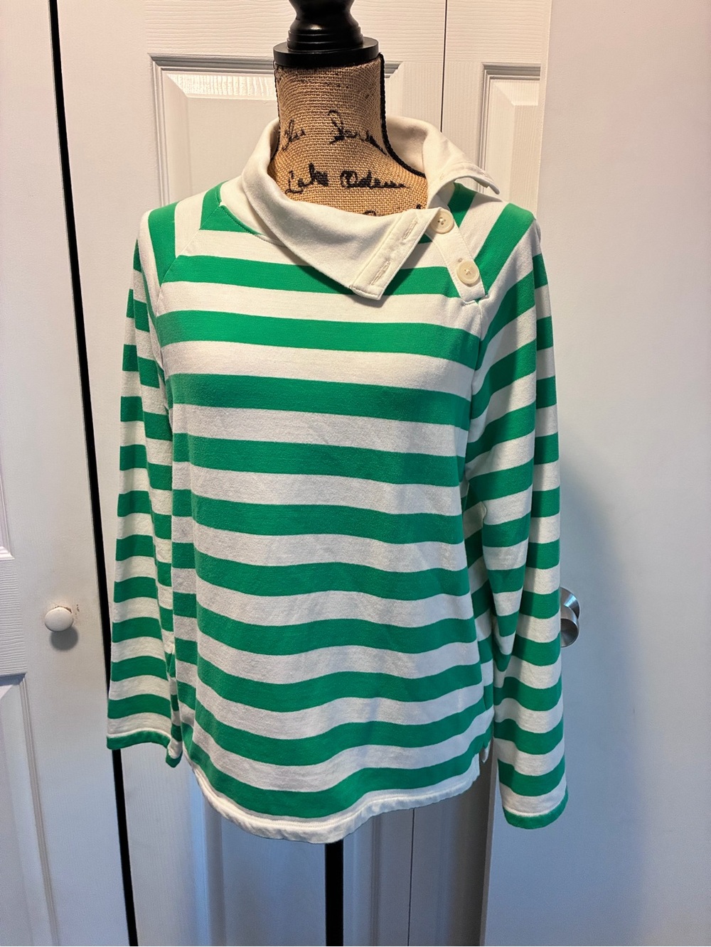 J. Crew Green and White Striped Button-Collar Sweater